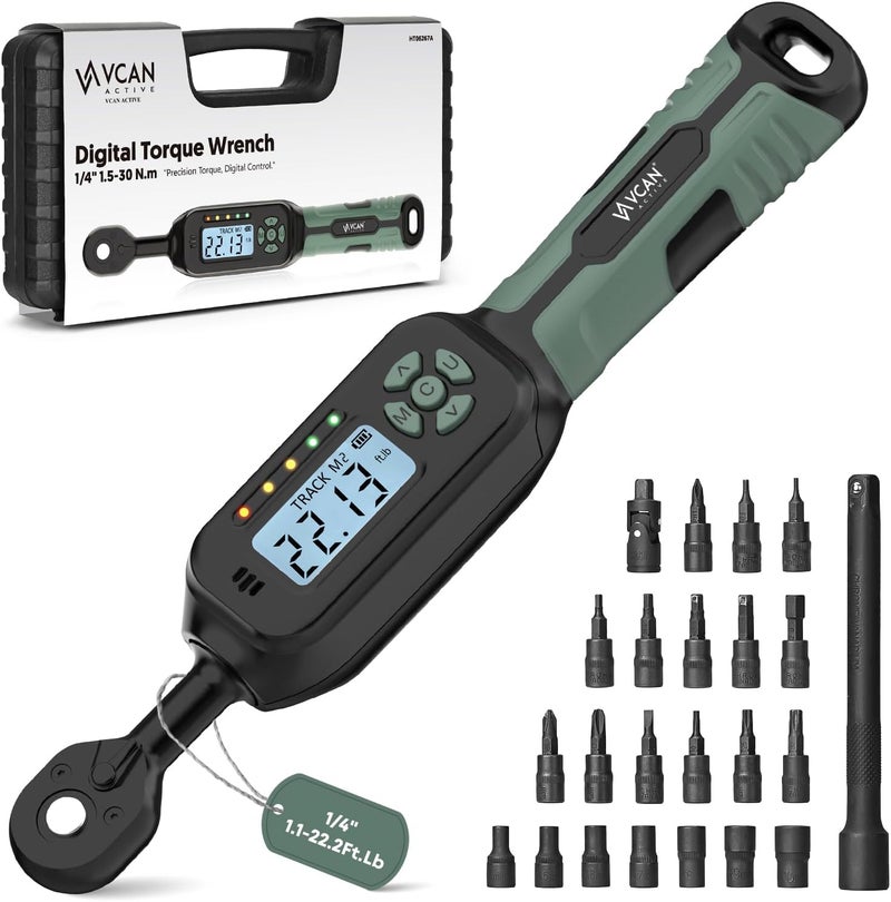 VCAN ACTIVE 1/4 Torque Wrench Digital(1.1-22.2Ft.Lb) ±2% Accuracy Digital Torque Wrench 1/4 Drive with Buzzer and LED Flash Track Mode Inch Pound Torque Wrench Set with Bits & Sockets for Bike Moto Gunsmithing - Image 1